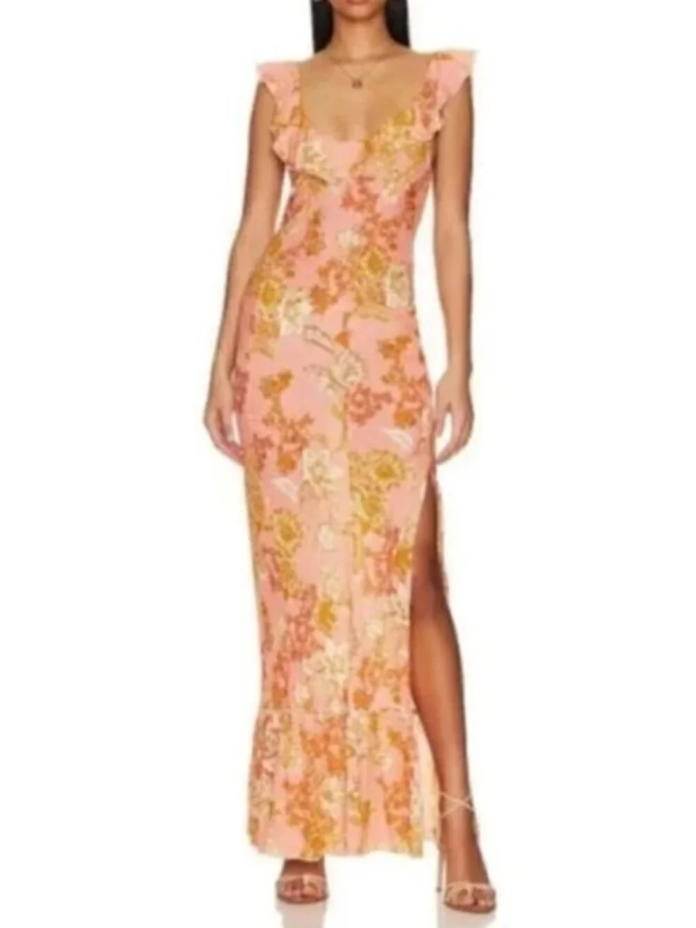 Free People Remind Me Maxi Slip Dress Floral Pink Coral Combo Ruffle S